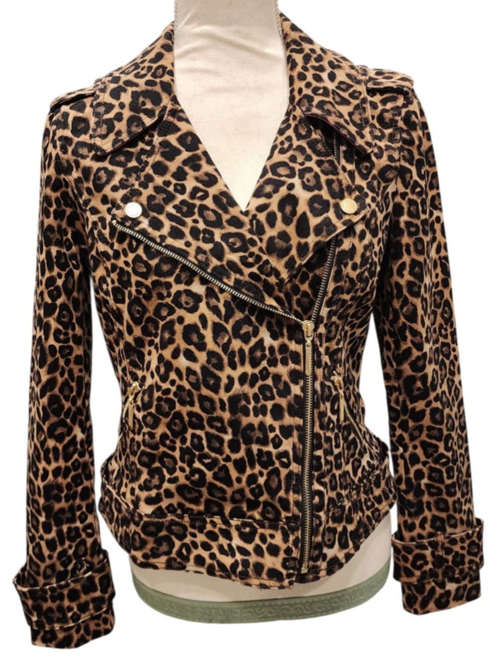 White House Black Market Leopard Moto Jacket 2 Chic Animal Print Biker Gold Zip